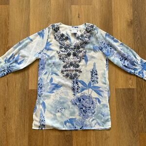 Gretchen Scott Peony Paradise Blue White Embroidered Floral Tunic Medium